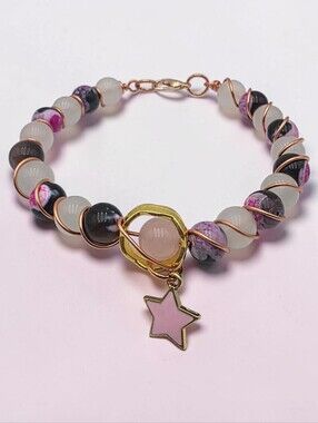 Handmade Pink & White Bead Bracelet with Star Charm Cute Boho Jewelry Gift